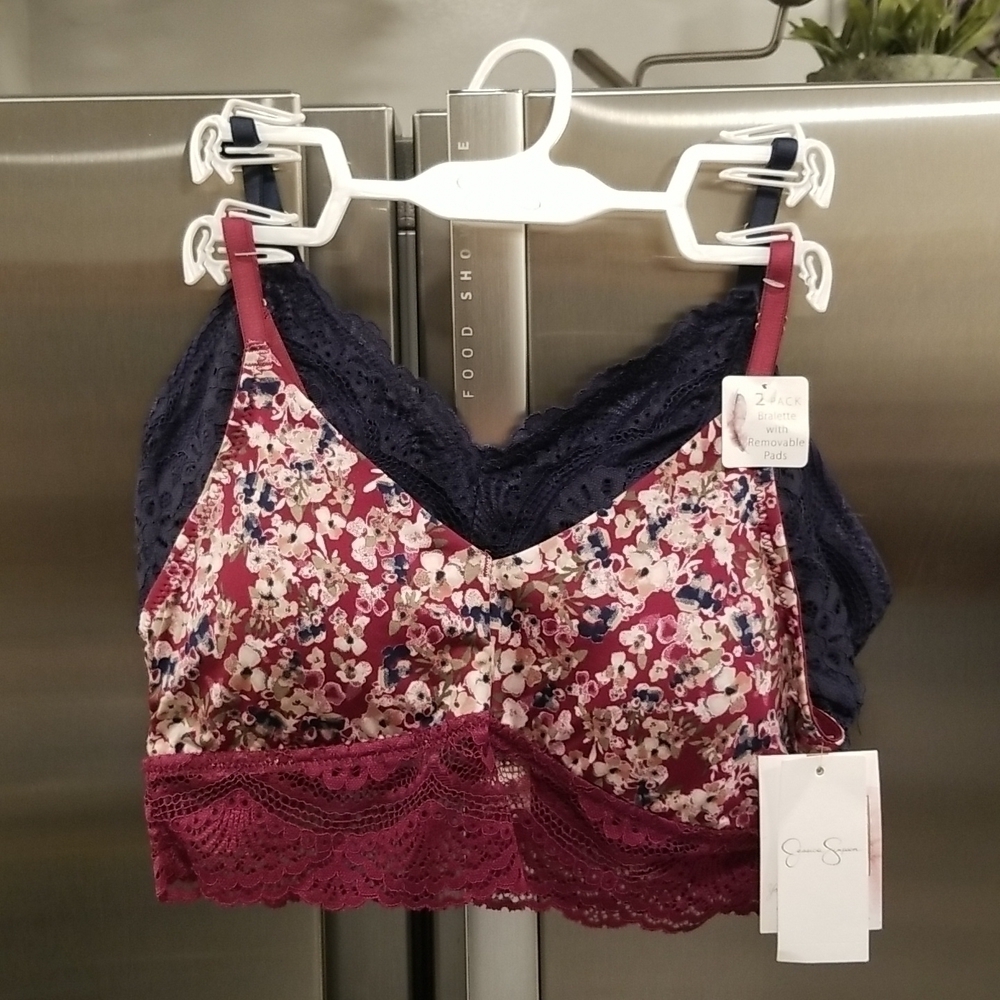 💕JESSICA SIMPSON💕 2 Pack Bralettes Floral & Blue Lace Large L NWT